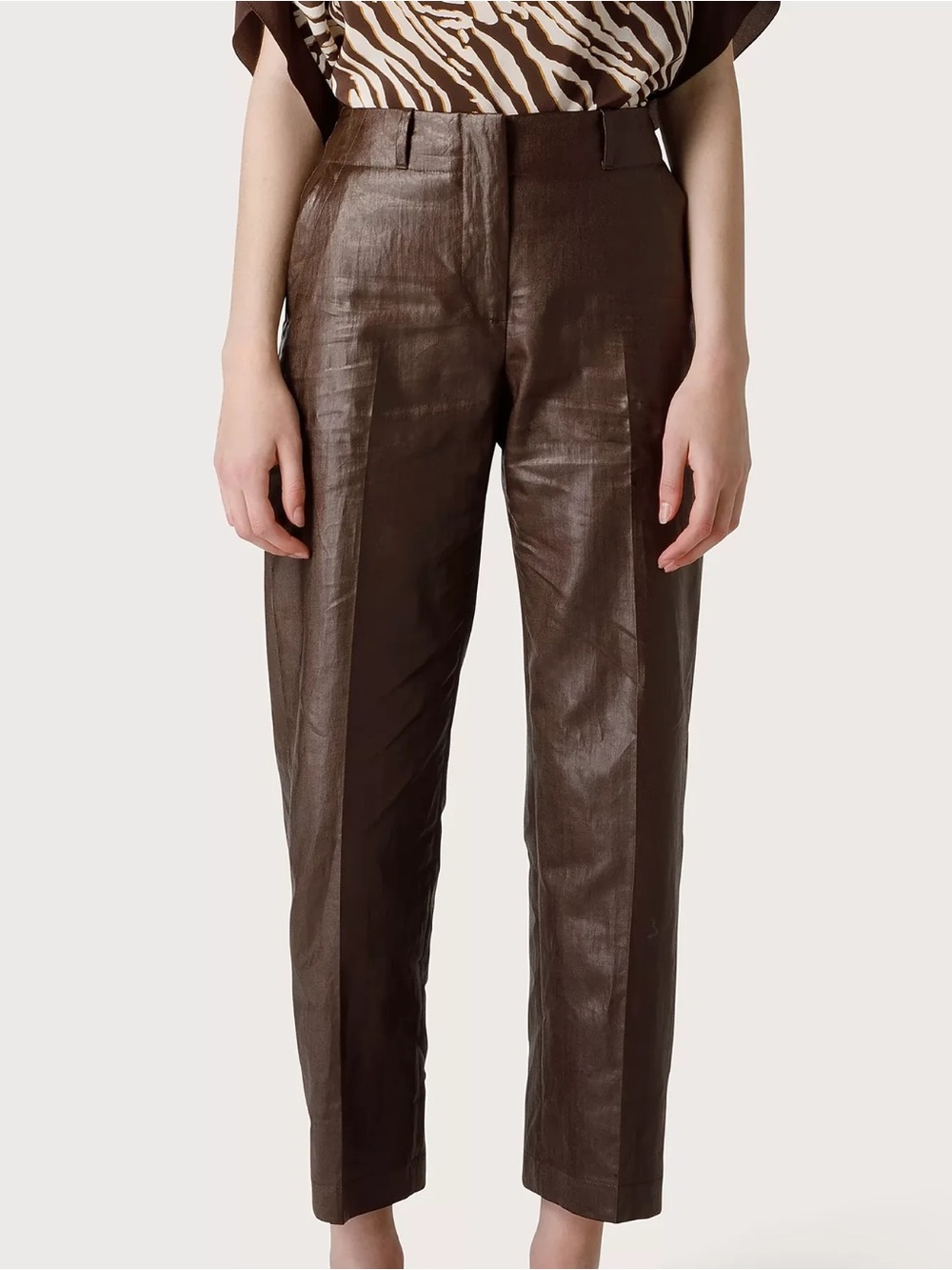 SEVENTY VENEZIA  Leather-Look Ramie Trousers in Cold Brown Size 42
